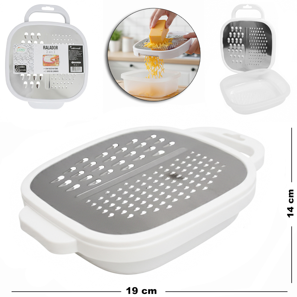 RALADOR DE INOX 1 FACE COM RESERVATORIO DE PLASTICO 19X14X4CM