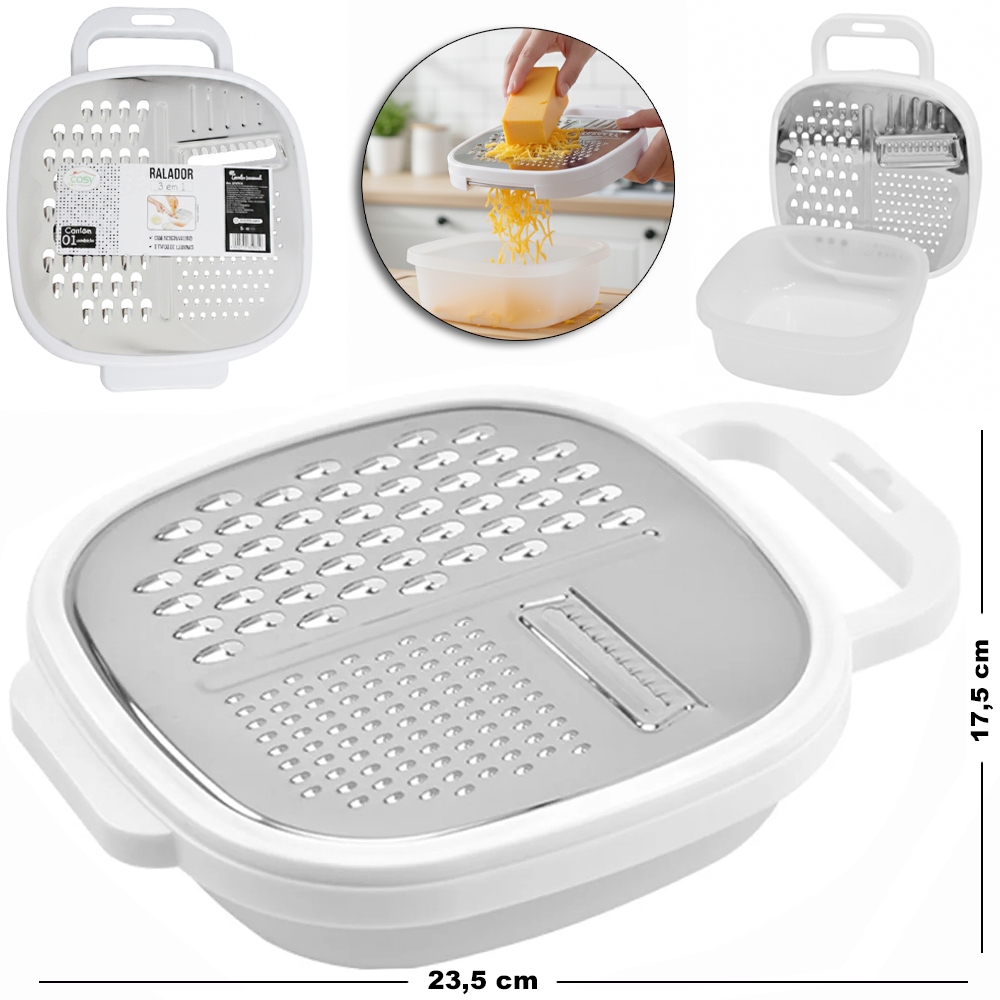 RALADOR DE INOX 1 FACE COM RESERVATORIO DE PLASTICO 23,5X17,5X7CM
