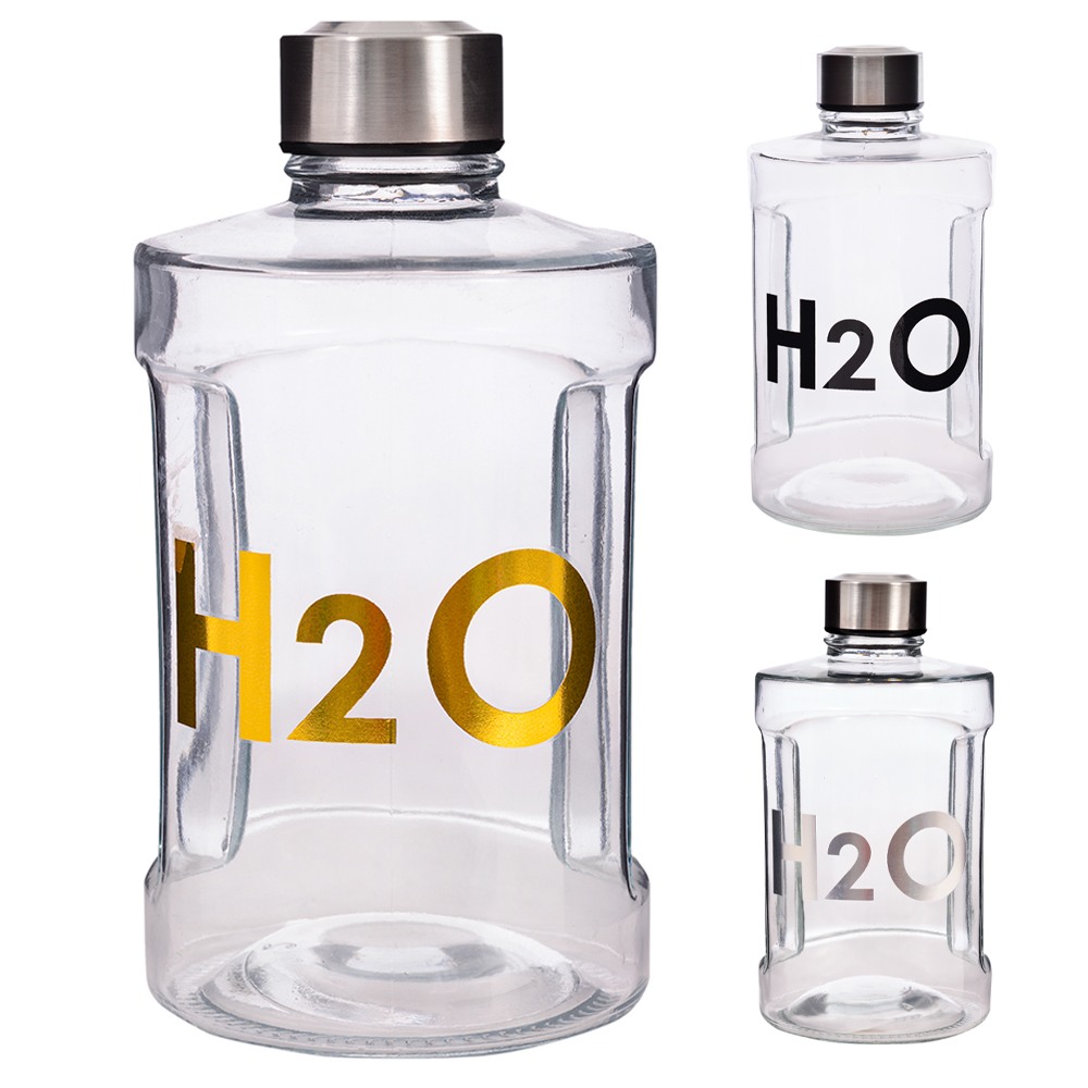 GARRAFA DE AGUA DE VIDRO H2O COM TAMPA DE INOX 900ML