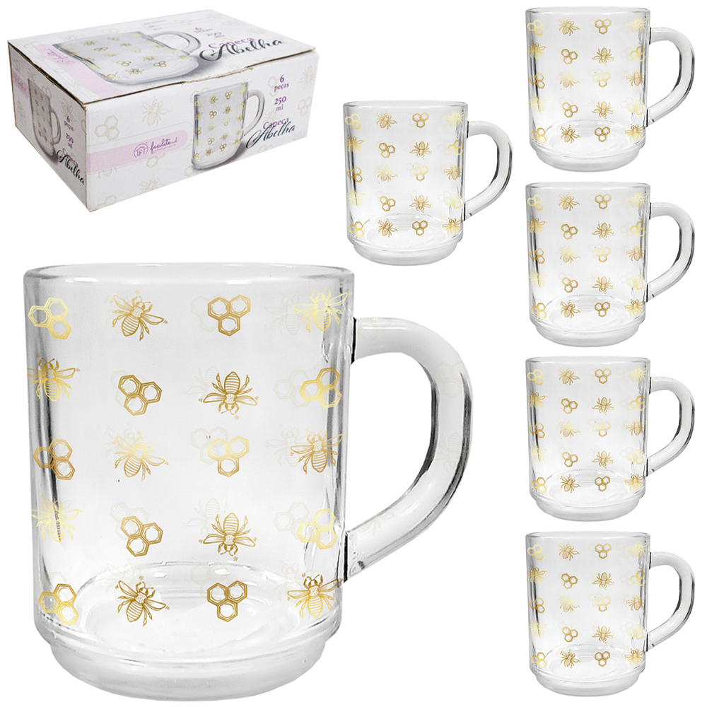 JOGO DE CANECA XICARA DE VIDRO FACILITE.UD COM 6 PECAS 250ML ABELHA