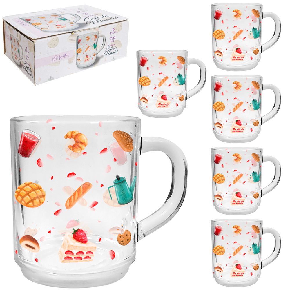 JOGO DE CANECA XICARA DE VIDRO FACILITE.UD COM 6 PECAS 250ML CAFE DA MANHA