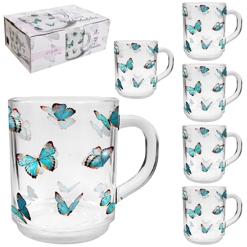 JOGO DE CANECA XICARA DE VIDRO FACILITE.UD COM 6 PECAS 250ML BORBOLETAS