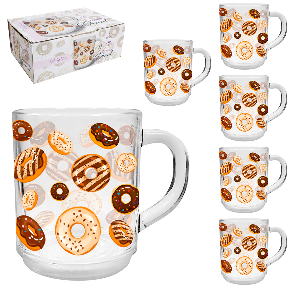 JOGO DE CANECA XICARA DE VIDRO FACILITE.UD COM 6 PECAS 250ML DONUTS
