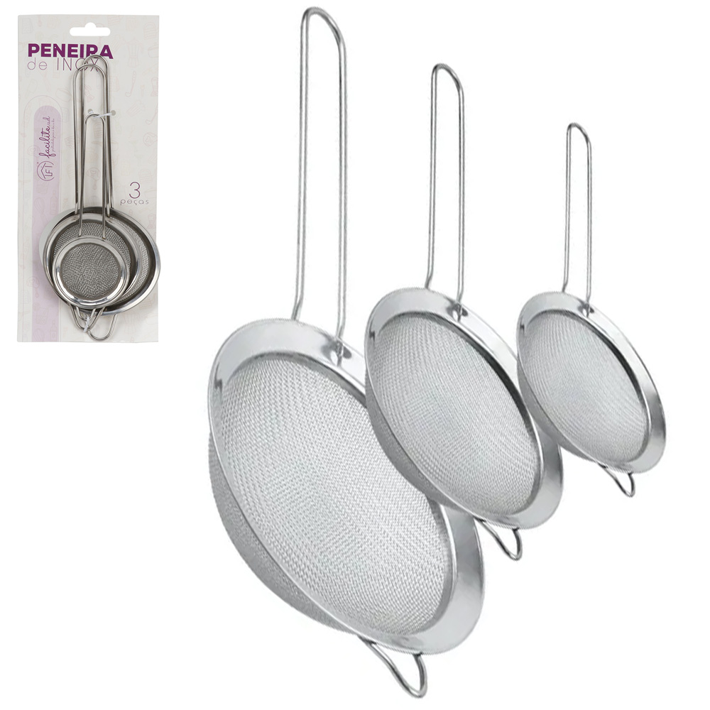 PENEIRA COADOR DE INOX FACILITE.UD COM 3 PECAS 6 / 7 / 8CM DE Ø