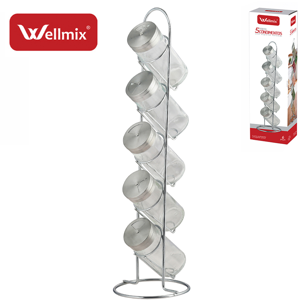PORTA CONDIMENTO DE VIDRO COM 5 PECAS 90ML + SUPORTE ARAMADO VERTICAL CROMADO