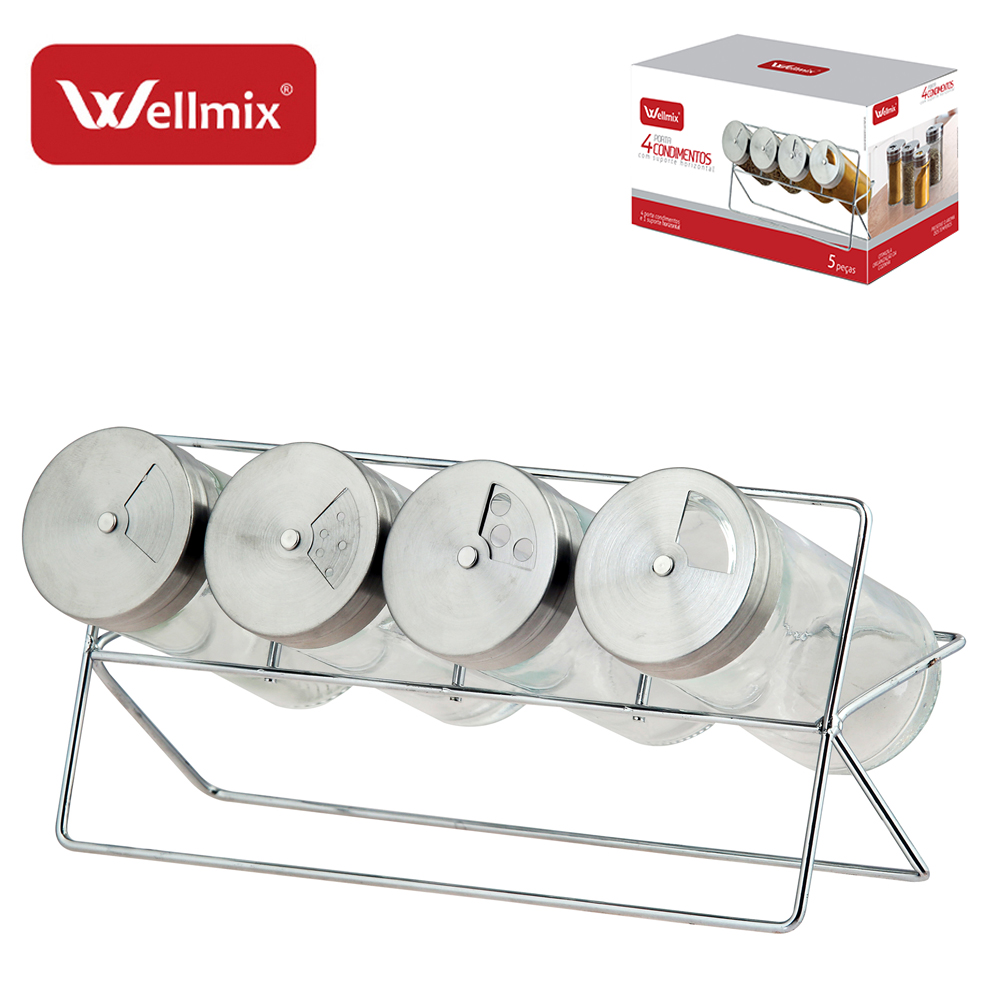 PORTA CONDIMENTO DE VIDRO COM 4 PECAS 90ML + SUPORTE ARAMADO HORIZONTAL CROMADO