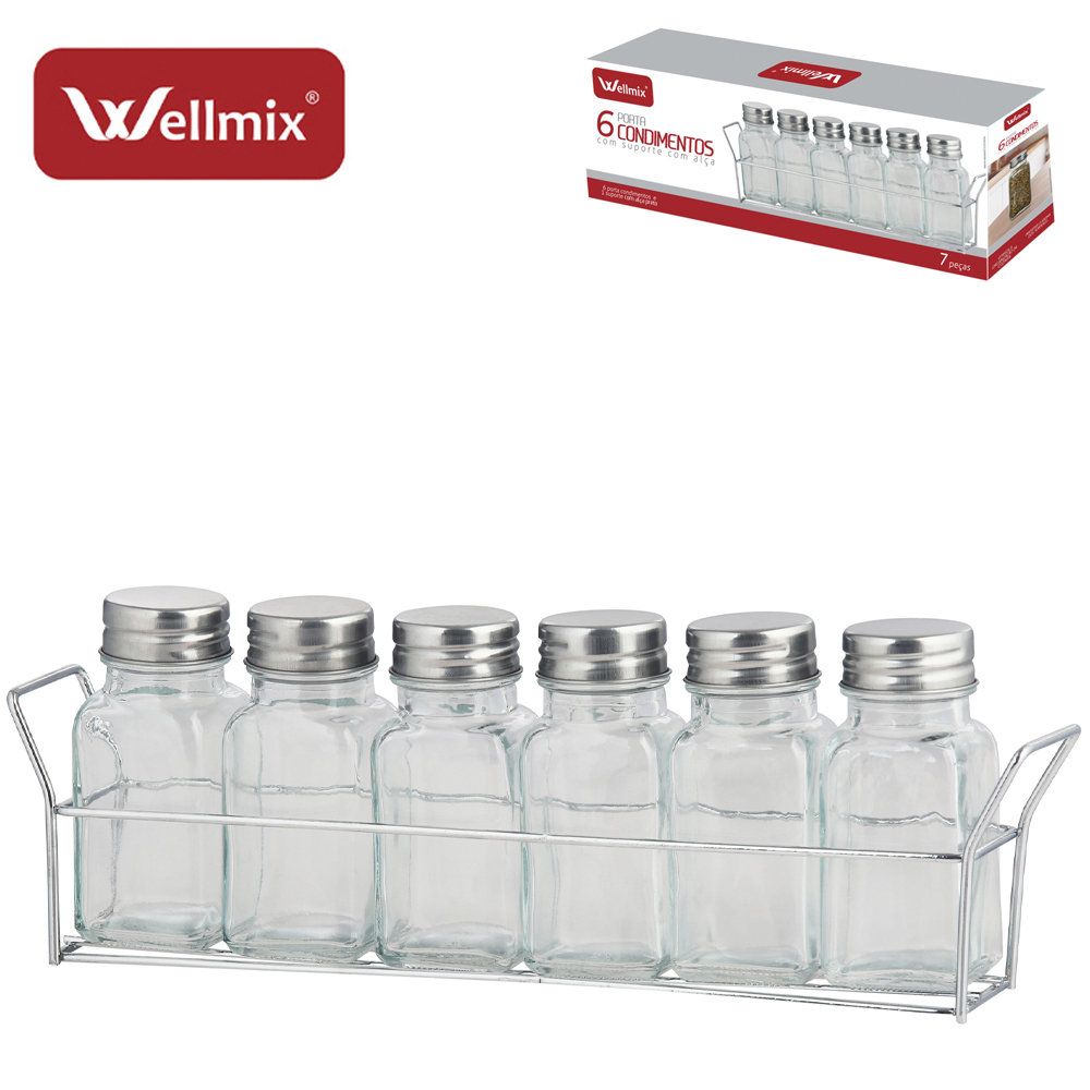 PORTA CONDIMENTO DE VIDRO COM 6 PECAS 90ML + SUPORTE ARAMADO CROMADO