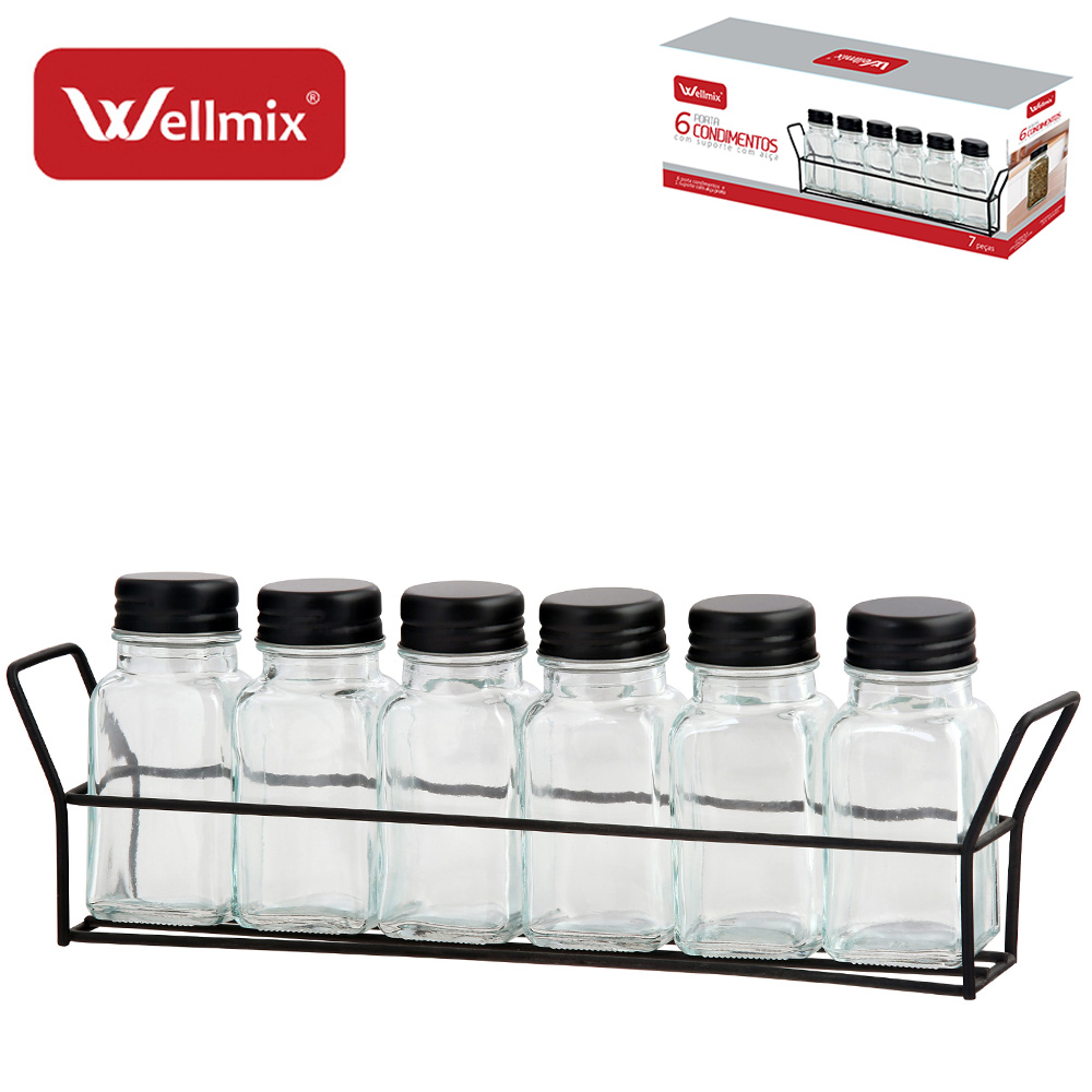 PORTA CONDIMENTO DE VIDRO COIM 6 PECAS 90ML + SUPORTE ARAMADO BLACK