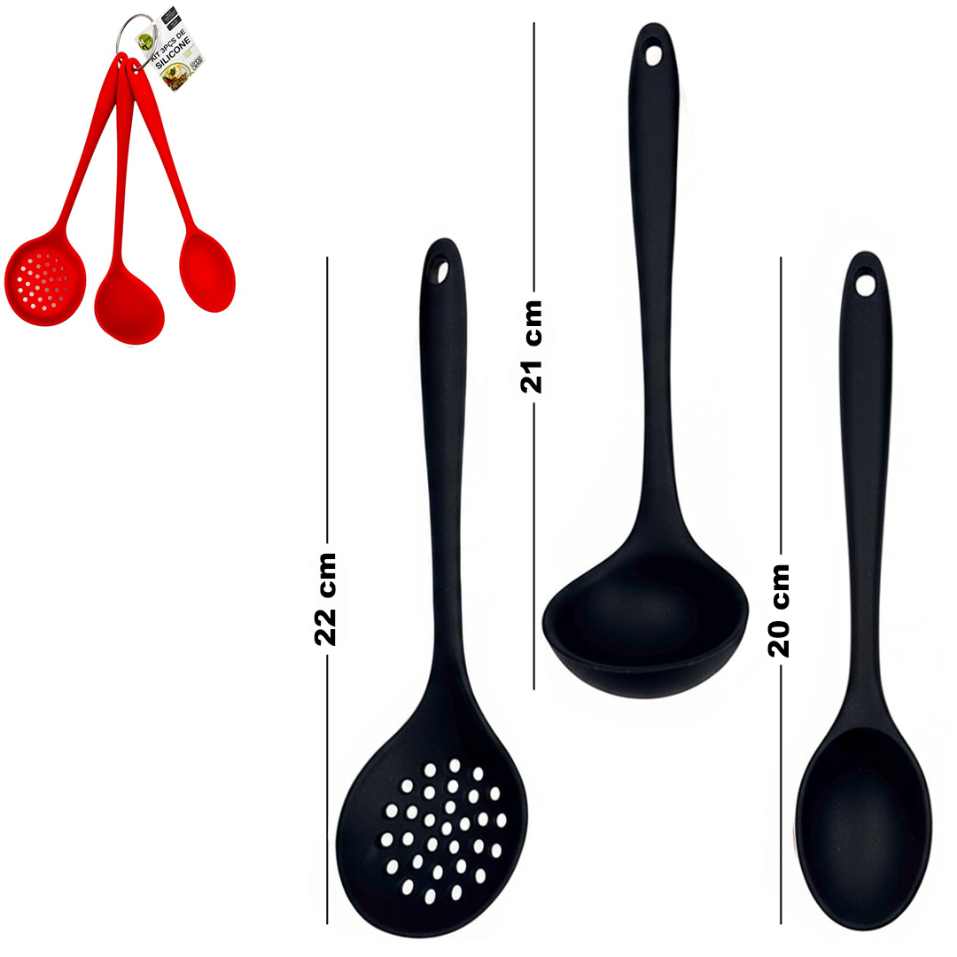 KIT UTENSILIOS ESCUMADEIRA / COLHER / CONCHA DE SILICONE 22/21/20CM