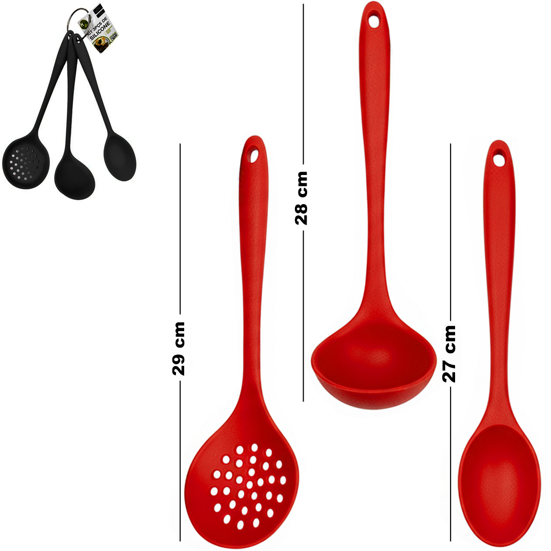 KIT UTENSILIOS ESCUMADEIRA / COLHER / CONCHA DE SILICONE 29/28/27CM