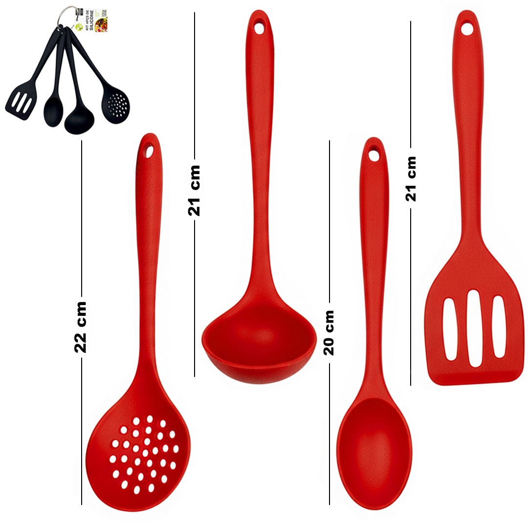 KIT UTENSILIOS ESPATULA / ESCUMADEIRA / COLHER / CONCHA DE SILICONE 22/21/21/20CM