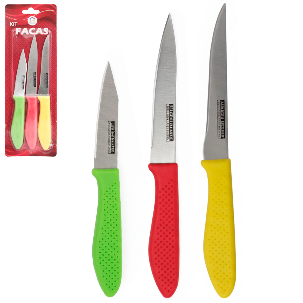 CONJUNTO DE FACA DE COZINHA DE INOX CABO PLASTICO COLORS 3 PECAS