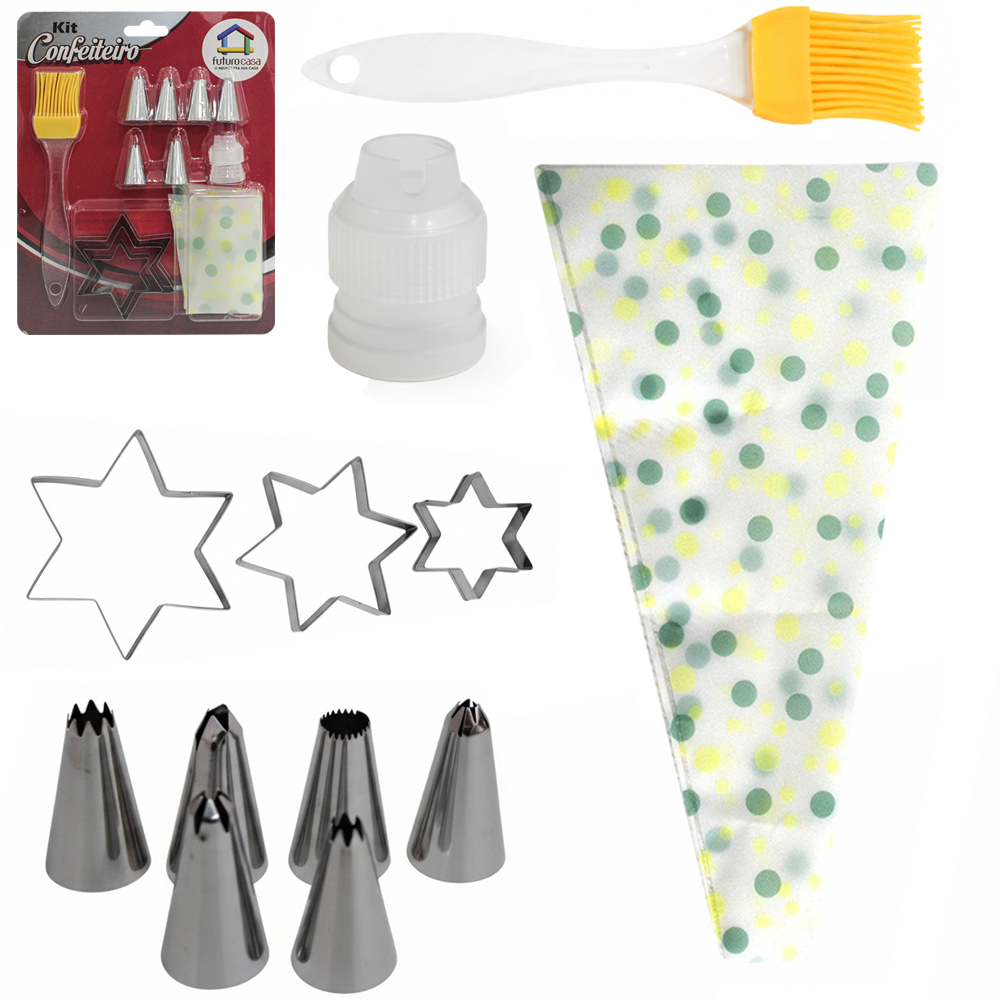 KIT CONFEITEIRO COM DECORADOR BOLO SACO PLASTICO + ADAPTADOR + 6 BICOS E PINCEL CULINARIO SILICONE