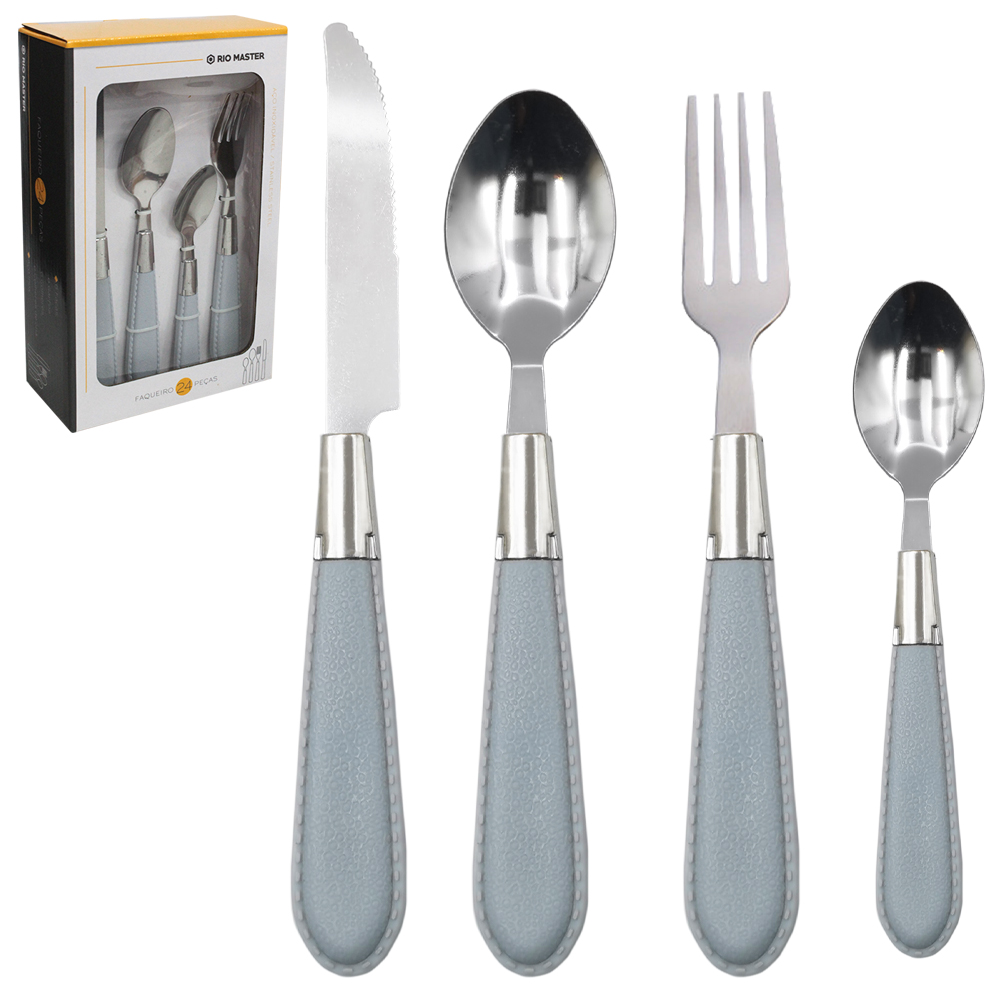 CONJUNTO DE TALHERES / FAQUEIRO DE INOX COM 24 PECAS CABO PLASTICO KENZO CINZA