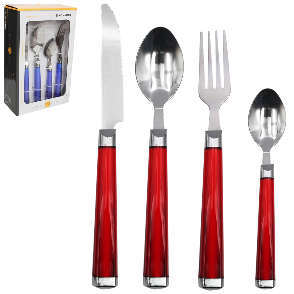 CONJUNTO DE TALHERES / FAQUEIRO DE INOX COM 24 PECAS CABO PLASTICO GRADIENTE SORTIDAS