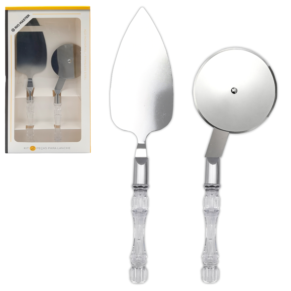 CONJUNTO PARA LANCHE COM ESPATULA DE BOLO + CORTADOR DE PIZZA DE INOX CABO ACRILICO