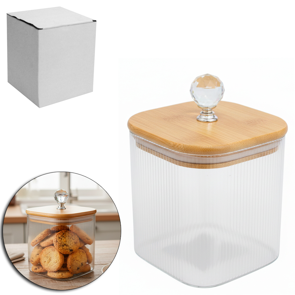 POTE DE VIDRO BOROSSILICATO QUADRADO COM TAMPA HERMETICA MADEIRA / BAMBU COM POMEL 700ML