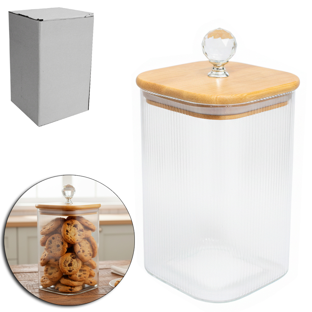 POTE DE VIDRO BOROSSILICATO QUADRADO COM TAMPA HERMETICA MADEIRA / BAMBU COM POMEL 1,1L