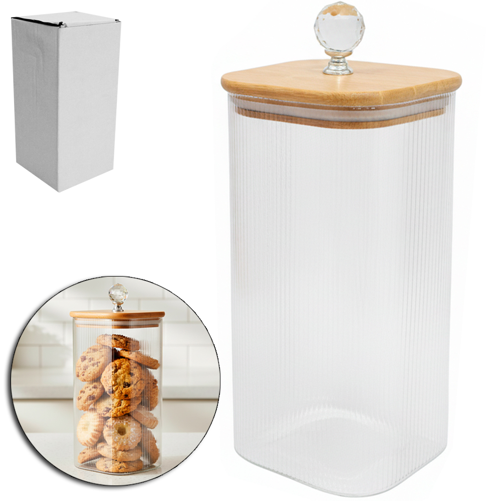 POTE DE VIDRO BOROSSILICATO QUADRADO COM TAMPA HERMETICA MADEIRA / BAMBU COM POMEL 1,8L