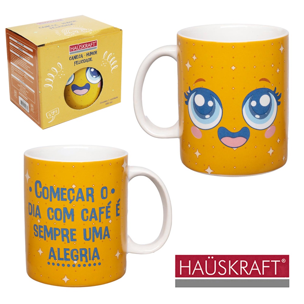 CANECA DE PORCELANA HUMOR FELICIDADE HAUSKRAFT 330ML