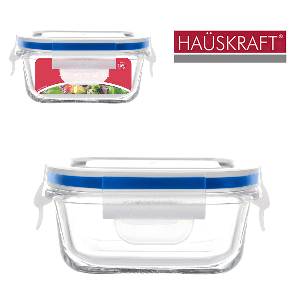 POTE DE VIDRO BOROSSILICATO RETANGULAR COM TAMPA HERMETICA E TRAVA HAUSKRAFT 120ML