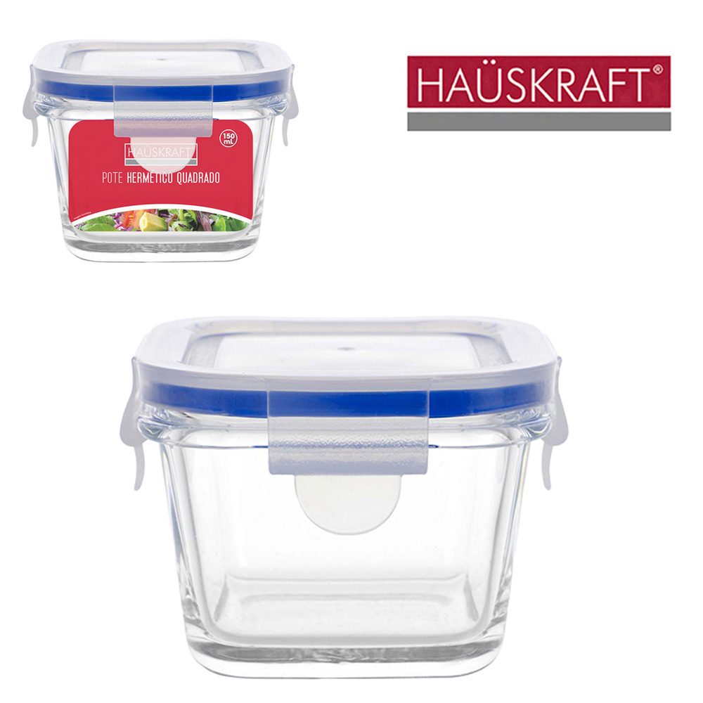 POTE DE VIDRO BOROSSILICATO QUADRADO COM TAMPA HERMETICA E TRAVA HAUSKRAFT 150ML