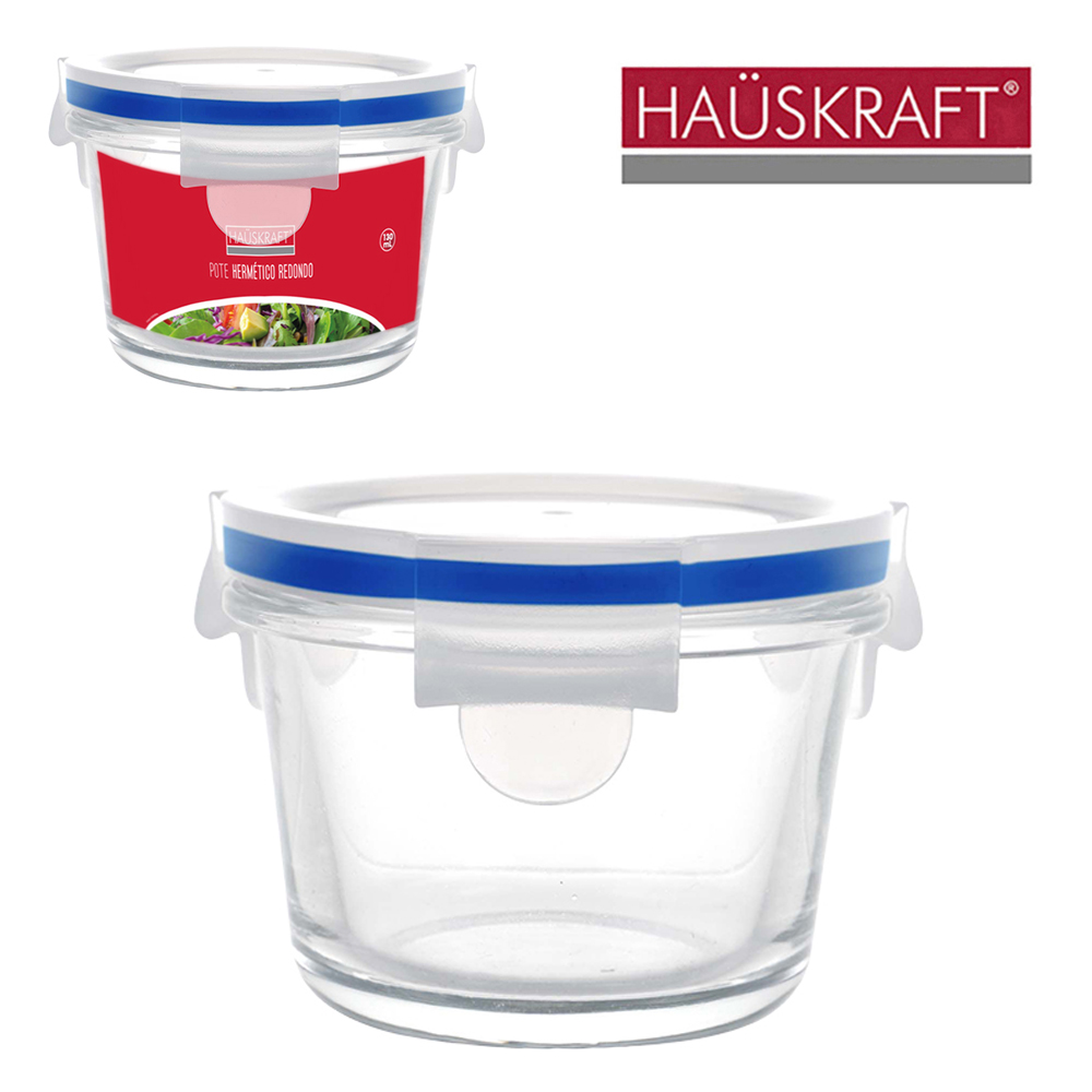 POTE DE VIDRO BOROSSILICATO REDONDO COM TAMPA HERMETICA E TRAVA HAUSKRAFT 130ML