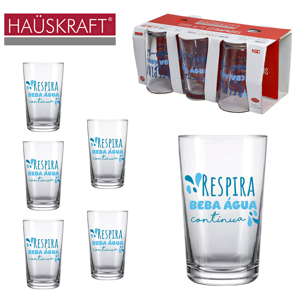 JOGO DE COPO DE VIDRO ALTO ESTAMPADOS HAUSKRAFT COM 6 PECAS 190ML
