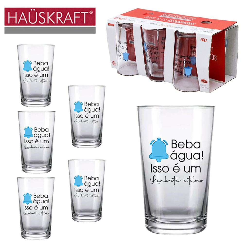 JOGO DE COPO DE VIDRO ALTO ESTAMPADOS HAUSKRAFT COM 6 PECAS 190ML