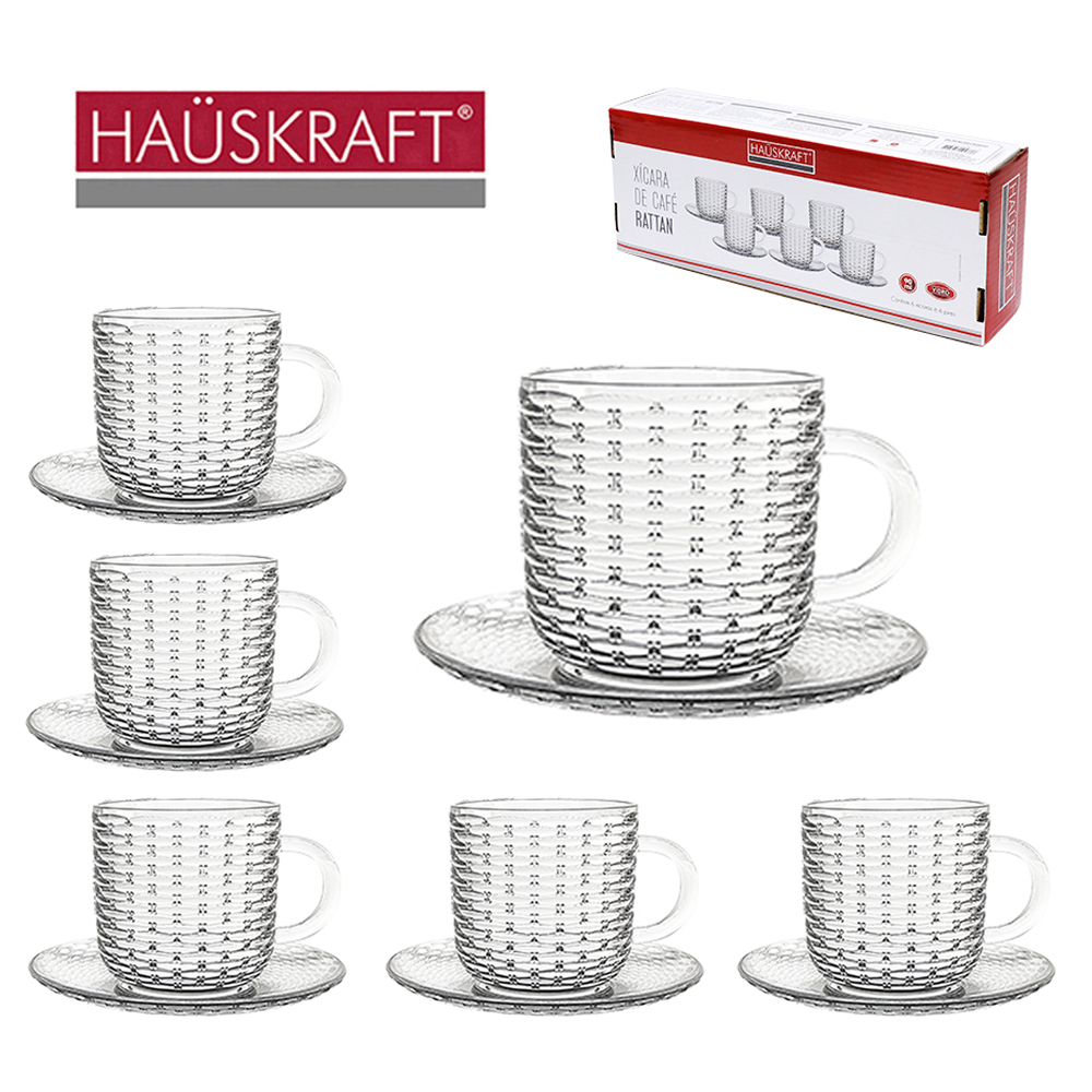 JOGO DE XICARA DE VIDRO C/PIRES PARA CAFE RATTAN HAUSKRAFT COM 12 PECAS 90ML