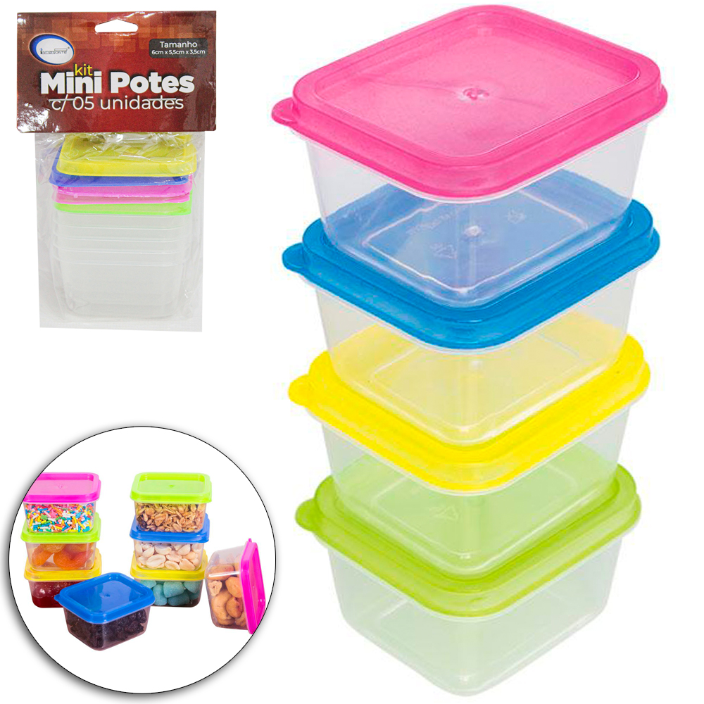 CONJUNTO DE MINI POTE DE PLASTICO RETANGULAR COM TAMPA 5 PECAS 60ML 6X5,5X3,5CM
