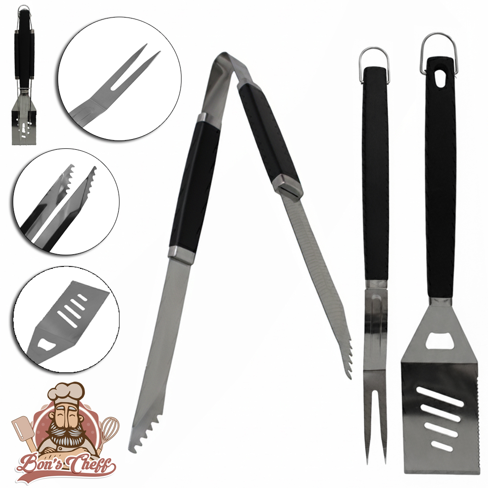 CONJUNTO DE CHURRASCO COM PEGADOR + GARFO E ESPATULA DE INOX  CABO PLASTICO PRETO 