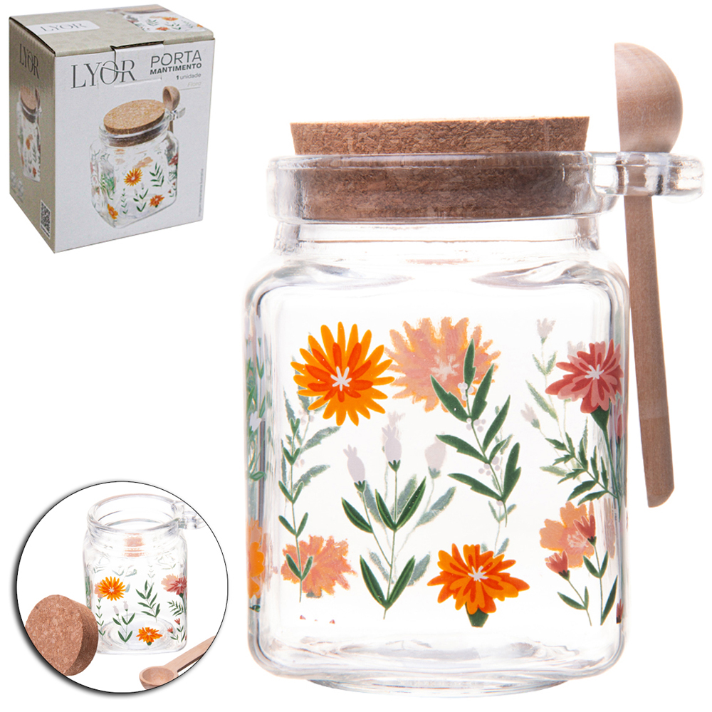 ACUCAREIRO / PORTA CONDIMENTO DE VIDRO QUADRADO COM ALCA + COLHER DE BAMBU E TAMPA CORTICA FLORA 270ML