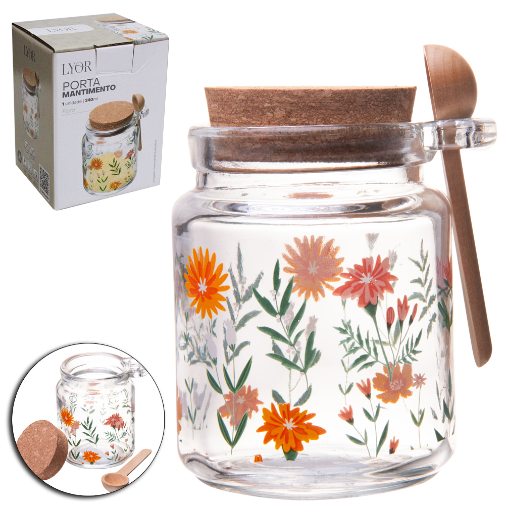 ACUCAREIRO / PORTA CONDIMENTO DE VIDRO REDONDO COM ALCA + COLHER DE BAMBU E TPAMPA CORTICA FLORA 240ML