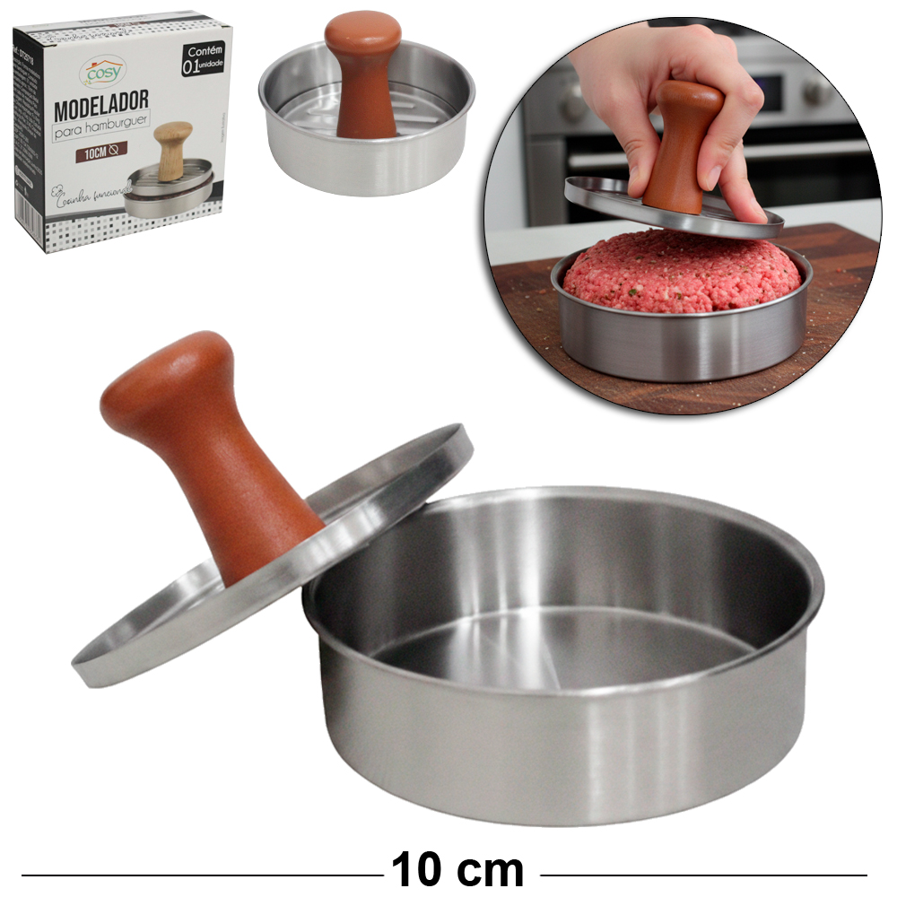 FORMA MODELADORA DE INOX  PARA HAMBURGUER CABO MADEIRA 10CM DE Ø 