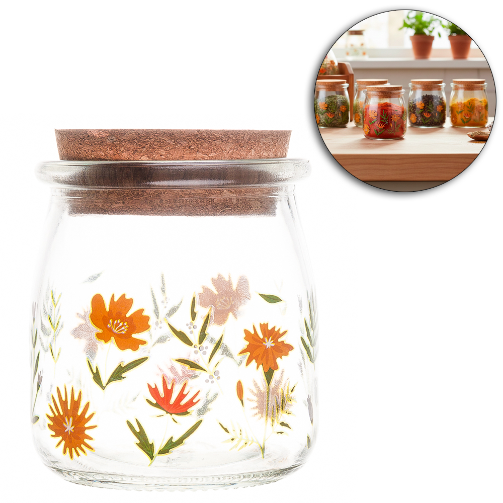 FRASCO / POTE DE VIDRO REDONDO COM TAMPA CORTICA FLORA 190ML