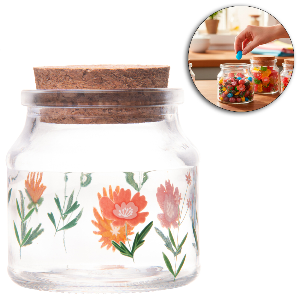 FRASCO / POTE DE VIDRO REDONDO COM TAMPA CORTICA FLORA 140ML