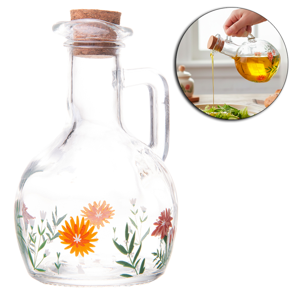 AZEITEIRO / VINAGREIRO / GARRAFA DECORATIVA DE VIDRO COM ALCA + TAMPA DE ROLHA CORTICA FLORA 180ML