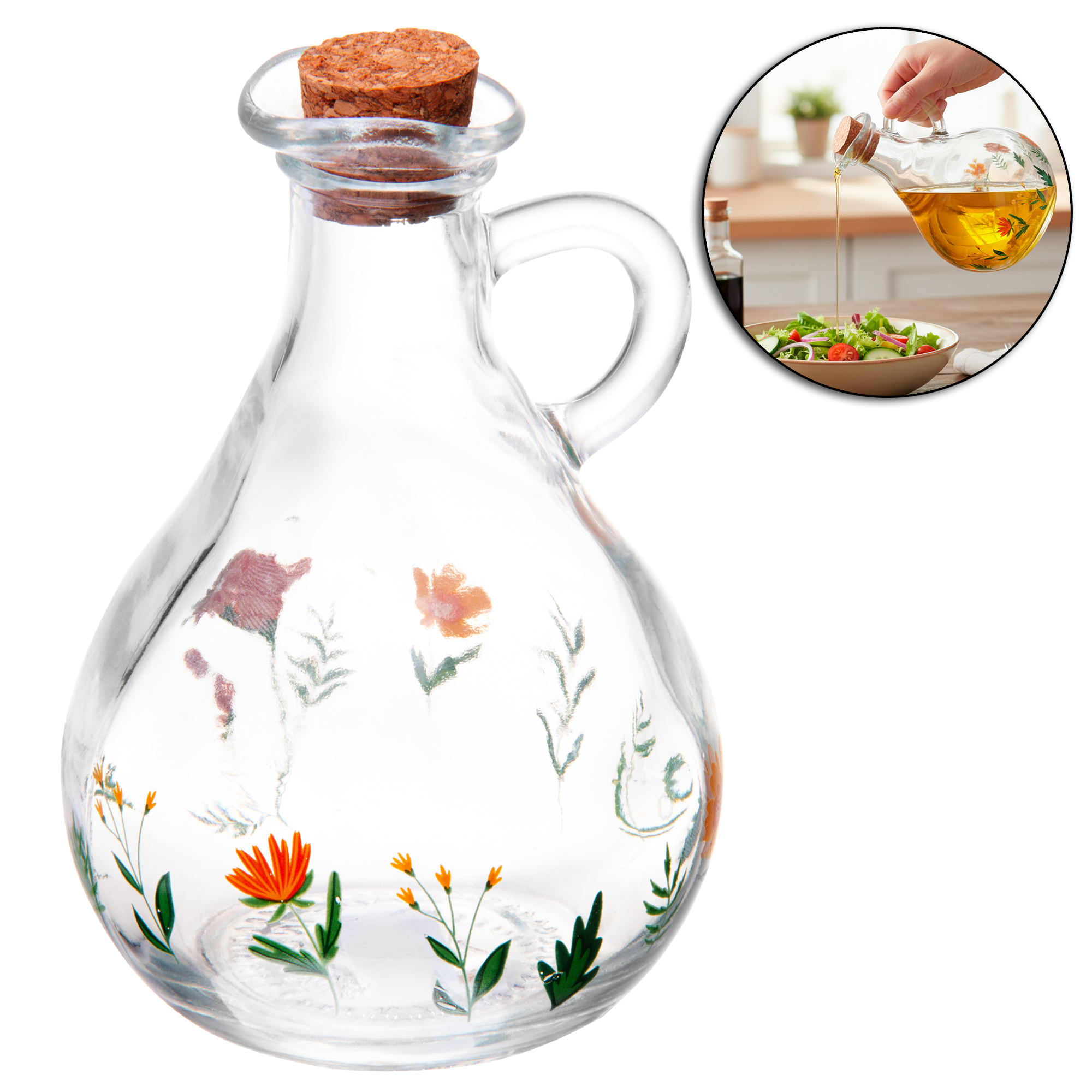 AZEITEIRO / VINAGREIRO / GARRAFA DECORATIVA DE VIDRO COM ALCA + TAMPA DE ROLHA CORTICA FLORA 320ML