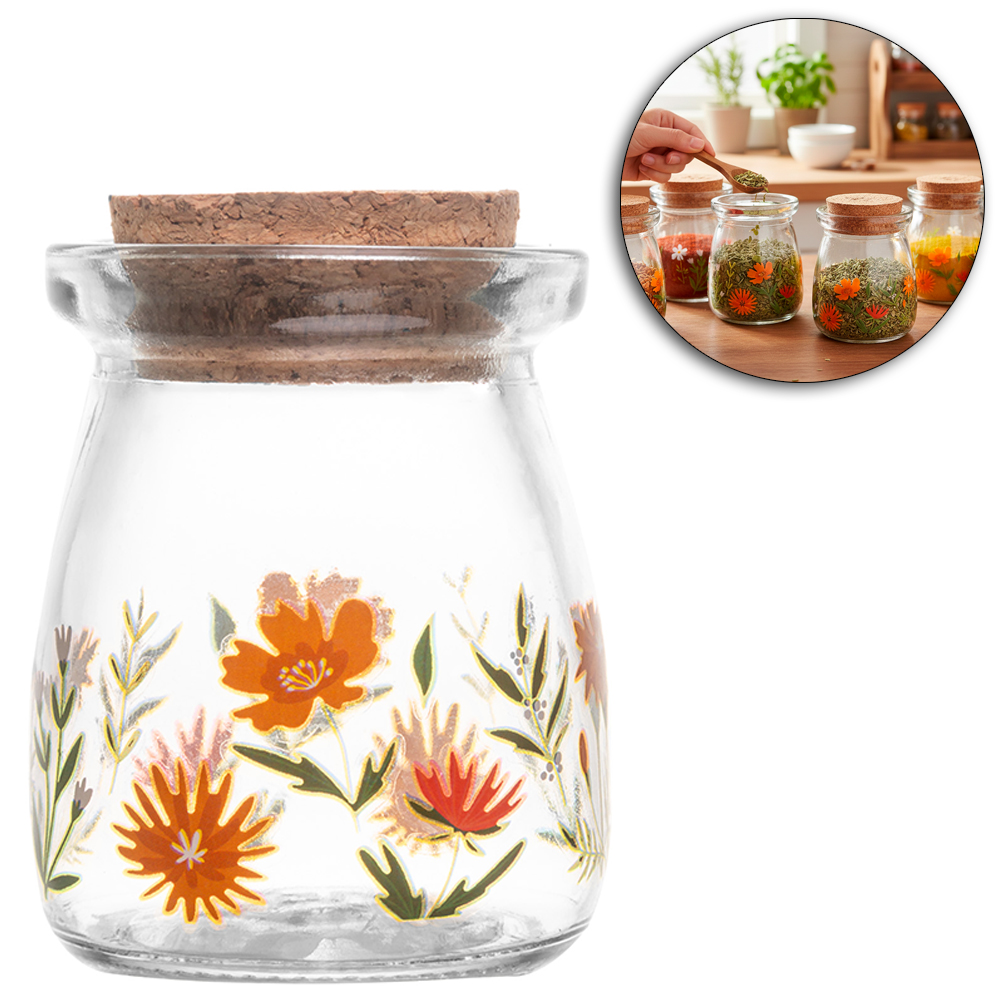 FRASCO / POTE DE VIDRO REDONDO COM TAMPA CORTICA FLORA 100ML