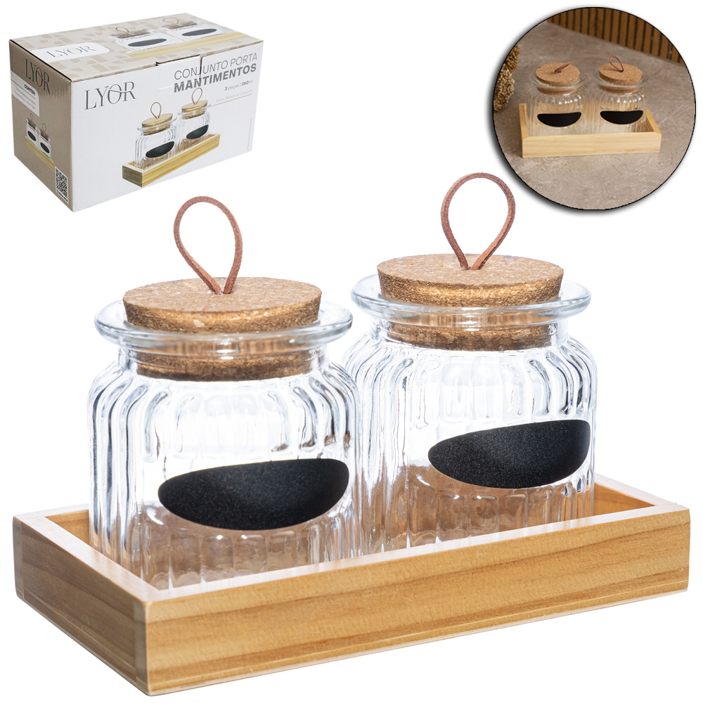PORTA CONDIMENTO DE VIDRO COM 2 PECAS 260ML + ADESIVO / ETIQUETA LOUSA + TAMPA CORTICA E SUPORTE DE MADEIRA 