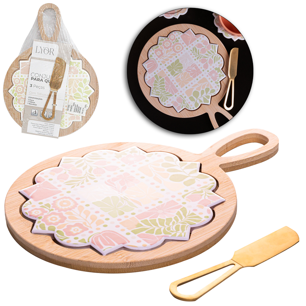 CONJUNTO PARA QUEIJO E FRIOS COM TABUA DE PORCELANA + BANDEJA E ESPATULA DE BAMBU FLORAL 28X2X2CM