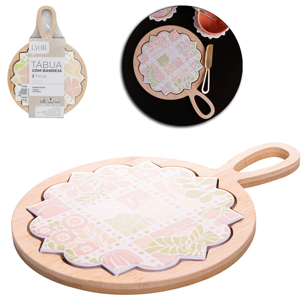 CONJUNTO PARA QUEIJO E FRIOS COM TABUA DE PORCELANA + BANDEJA DE BAMBU FLORAL 25X18X1CM
