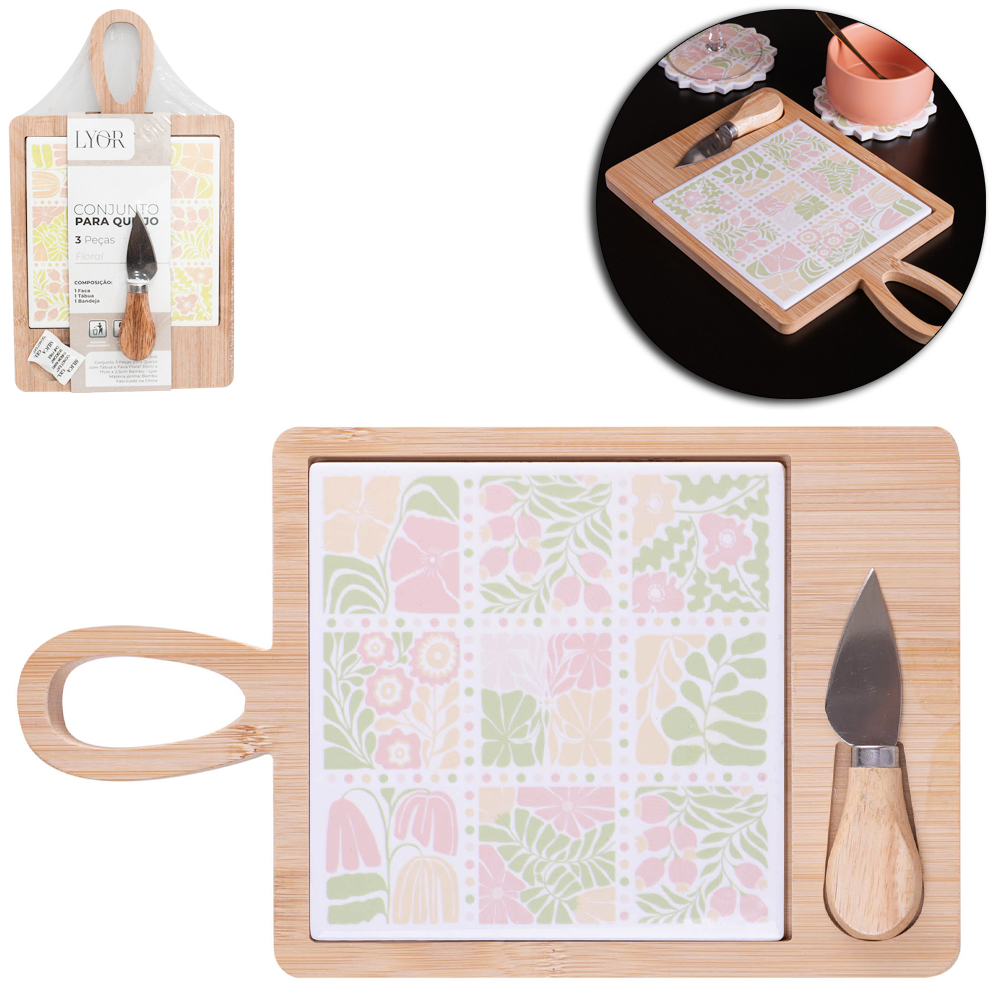 CONJUNTO PARA QUEIJO E FRIOS COM FACA DE INOX + TABUA DE PORCELANA E BANDEJA DE BAMBU FLORAL 30X17X2,5CM