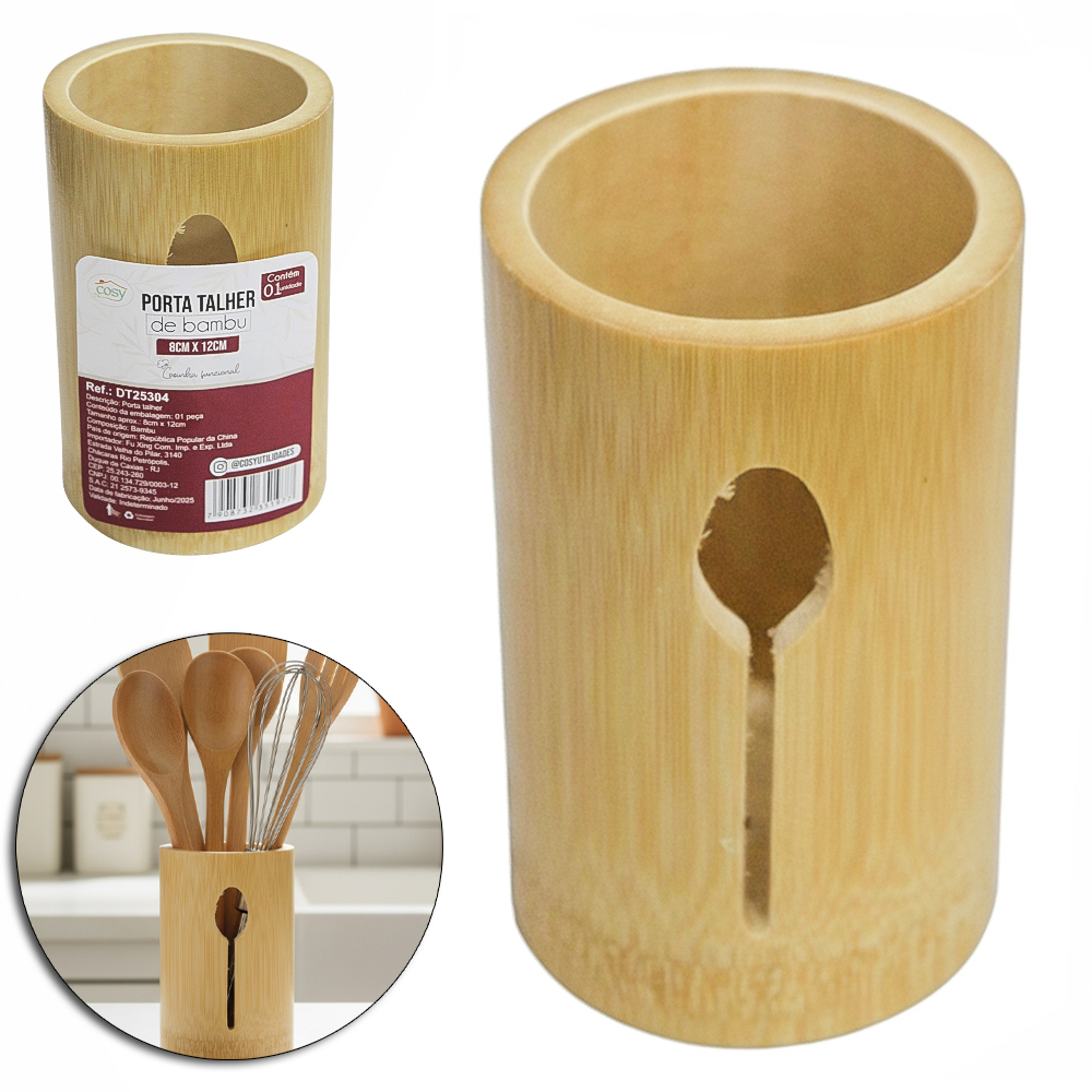 PORTA TALHER / ESCORREDOR DE TALHER DE BAMBU REDONDO COLHER / GARFO / FACA 12X8CM DE Ø