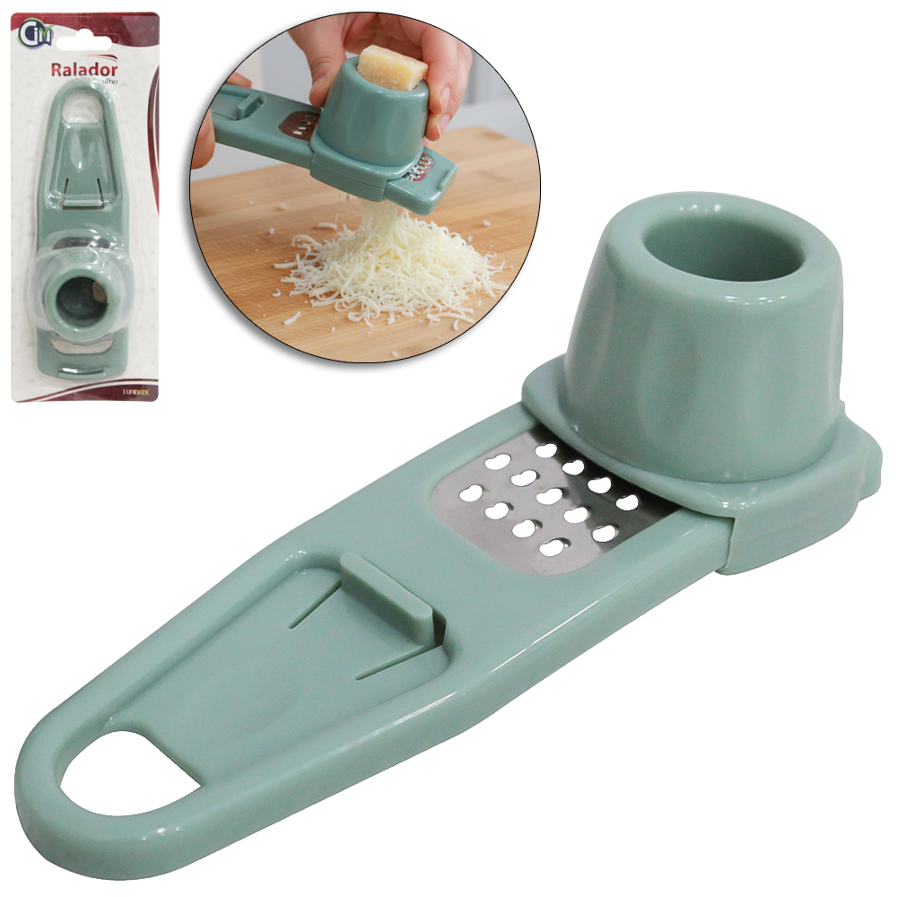 RALADOR DE ALHO 1 FACE DE INOX / PLASTICO COM PROTETOR DE DEDO 14X4CM