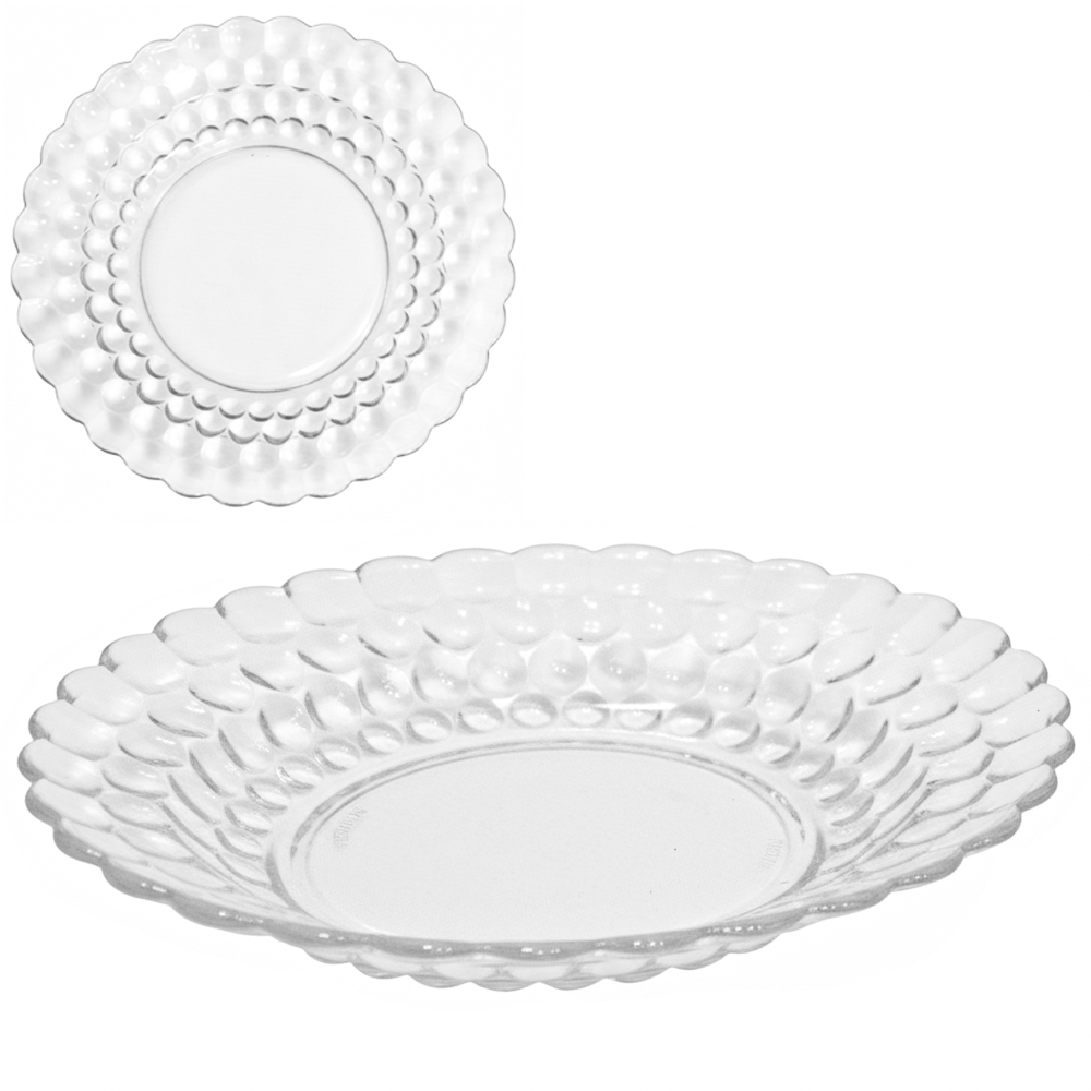 PRATO DE VIDRO FUNDO BOLINHAS TRANSPARENTE 22CM DE Ø