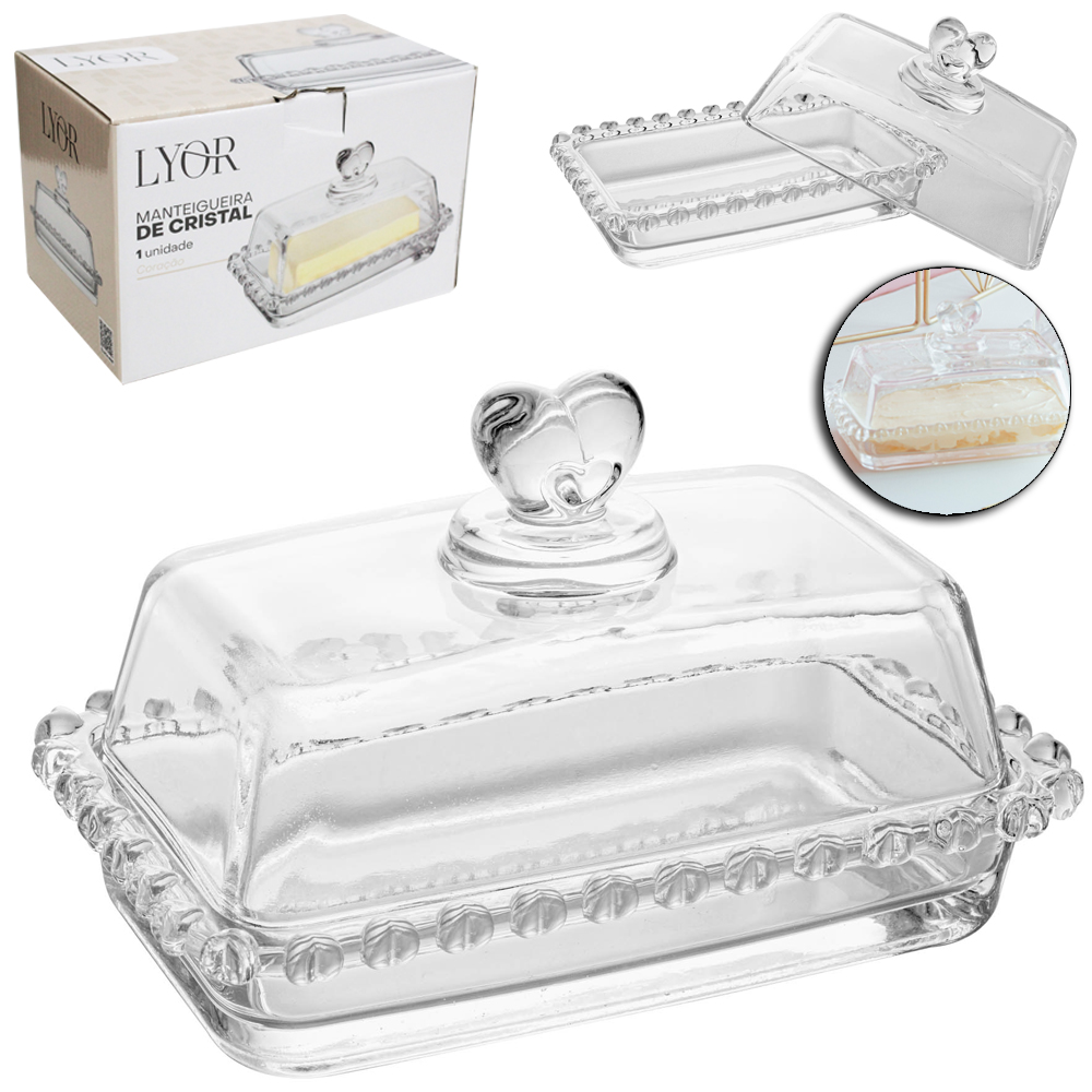 MANTEIGUEIRA DE VIDRO CRISTAL RETANGULAR COM TAMPA CORACAO 17X10,5X10CM