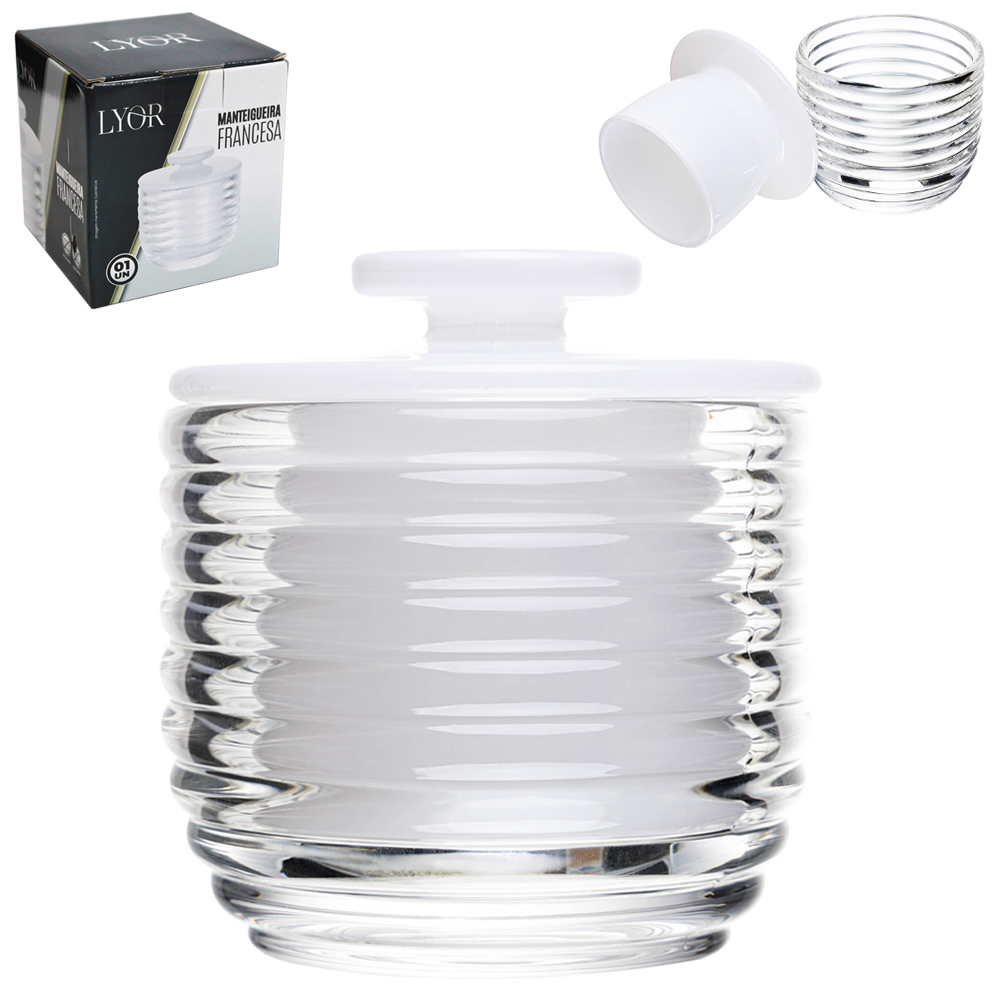 MANTEIGUEIRA FRANCESA DE VIDRO REDONDA COLMEIA COM TAMPA BRANCA 8X9,5CM DE Ø