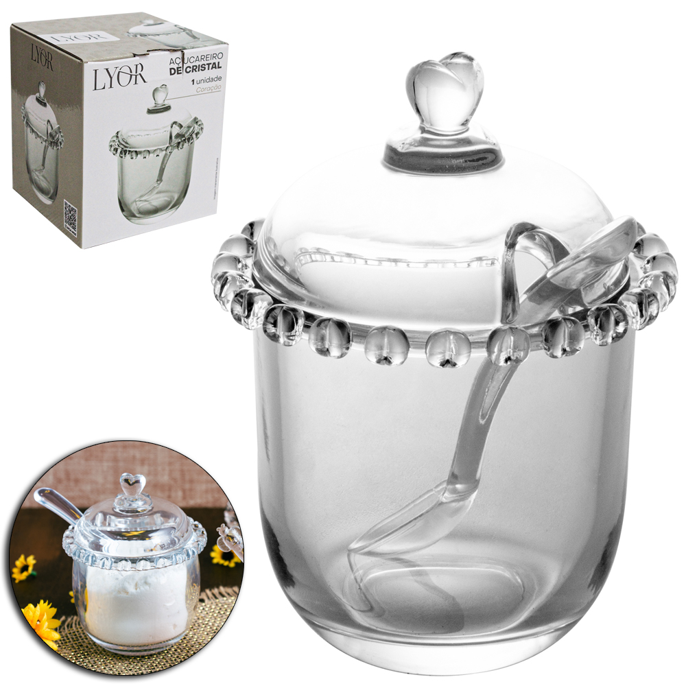 ACUCAREIRO / PORTA CONDIMENTO DE VIDRO CRISTAL COM TAMPA CORACAO + COLHER DE ACRILICO 210ML